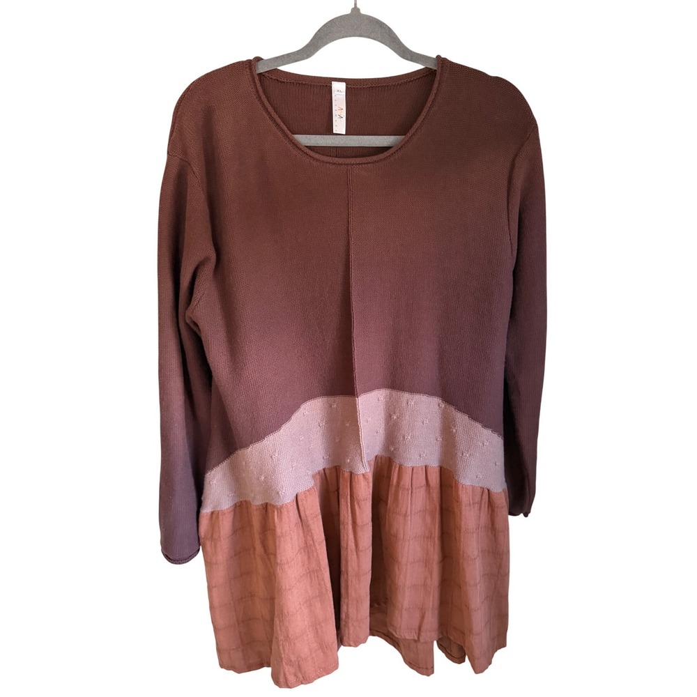 ArA Handmade Knit Tiered Colorblock Tunic Sweater Dress Cotton Brown Lagenlook